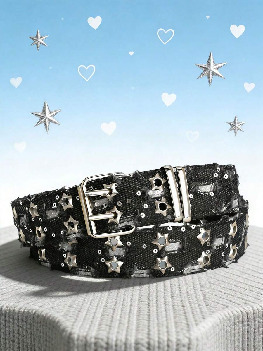1条朋克风星星单排扣腰带，韩版牛仔裤腰带，时尚装饰裤腰带，玉米腰带 - 黑色 - 查看 1