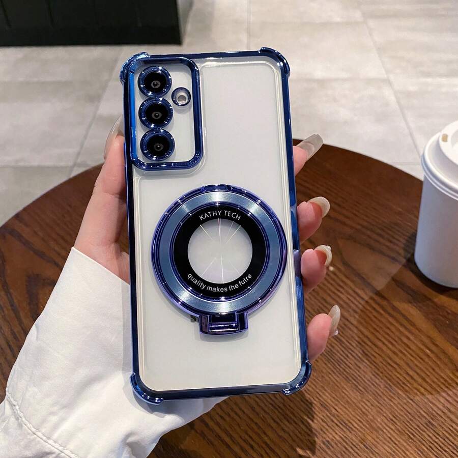 奢华电镀透明金色手机壳，带指环支架和磁吸支架，硅胶防震软壳，兼容 16/16e/16 Pro/16 Pro Max/16 Plus/15/14/13/12/11/X/XS/XR/8/7、Galaxy S25/S24/S23/S22/S21/A55/A54/A53/A52/A35/A34/A23/A16/A15/A14/A13/A12/A05S/FE/Ultra/4G/5G、Redmi/Honor/MOTO/OPPO/Infinix 等品牌手机。 - 藍色 - 查看 1