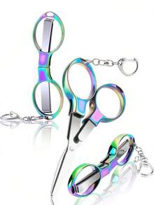 1pc Foldable Stainless Steel Portable Badge Scissors With 1 Keychain, Compact Pocket Travel Small Scissors, Multi-Purpose For Nurse, Travel, Office, Sewing, Home Use