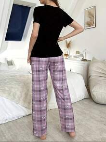 2pcs Black Short Sleeve Printed Top + Plaid Pants Pajama Set For Women - Black - View 2