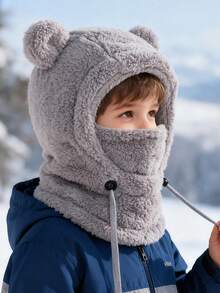 1Pc Toddler Winter Balaclava Hat - Bear Ear Fluffy Plush Hat Scarf Combo, Adjustable Drawstring Full Cover Kids Hat For Cold Weather Daily Wear & Travel - 1PC - View 5