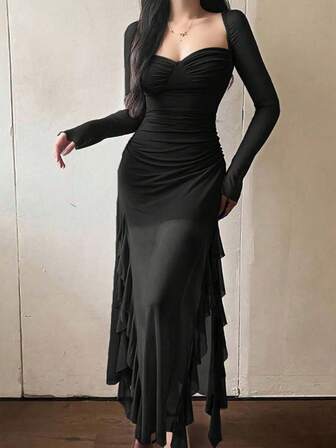 Women's Elegant Casual Ruffle Hem Long Sleeve Mesh Dress, Suitable For Fall, Concerts, Christmas, Going Out, Wedding Guests, Clubs, And Fairy-Inspired Looks