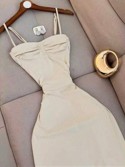 Women's Sleeveless Solid Color Slip Dress, Fashionable Sexy Off-Shoulder Design, Stretchy Fabric, Comfortable & Versatile, Suitable For Party Wear