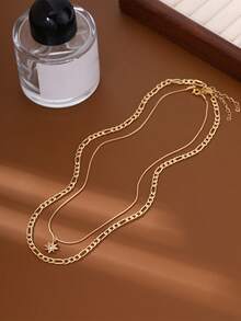 Nooxian Bộ 2 món trang sức vàng thời trang tối giản đính đá Cubic Zirconia hình ngôi sao, mặt dây chuyền nhiều lớp, quà tặng trang sức sang trọng cho nữ - Vàng - Xem 3
