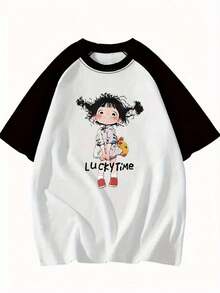 女童黑白印花短袖休闲T恤 - 黑拼白 - 查看 4