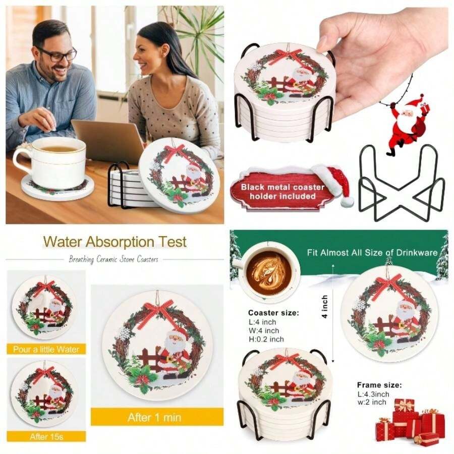 Posavasos de Cermica de Navidad Con Soporte - 6 Piezas Absorbentes de Regalo, Redondos de Pap Noel, Posavasos de Bebida Clsicos Para Mesa - Estilo Papá Noel - Ver 1