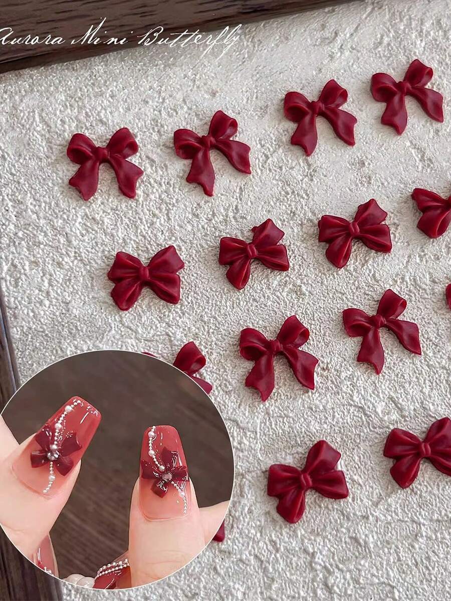 30/100pcs Burgundy Bow Nail Art Accessories Hot-Selling Resin Wearable Nail Decorations - Multicolor - View 1
