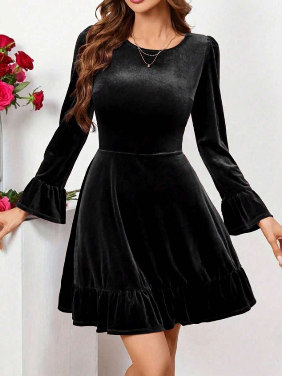 Elegant Velvet A-Line Mini Dress, Ruffle Hem, Long Sleeve, Round Neck, Suitable For Party - Ink Black - View 1