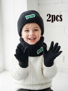 3pcs/Set Boys & Teens Knitted Hat, Scarf & Gloves Set, Thermal Lined, Black, Autumn/Winter