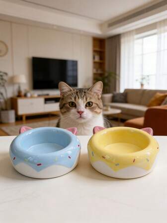 1pc Ceramic Cat Bowl, Pet Bowl, Donut Shaped, Deep Bowl, Large Capacity, Anti-Spill Ceramic Water Bowl
