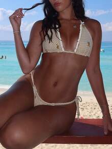 Women Halter Neck Triangle Bikini Sets Vintage Aesthetic Bathing Suits Summer Boy Shorts Swimsuit Y2k Swimwear - Vàng nhạt - Xem 6