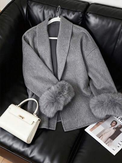 Women's Warm Coat, V-Neck, Drop Shoulder Long Sleeve, Belted Design, Fluffy Trim Cuffs, Elegant Style Suitable For Autumn/Winter