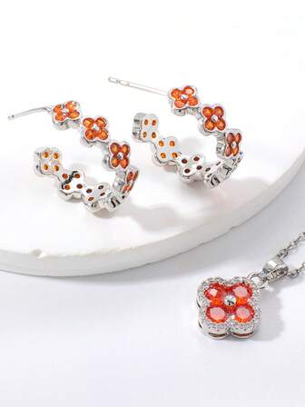 2pcs/Set Fashionable & Sweet Colorful Floral Design Copper Cubic Zirconia Stud Earrings & Necklace Jewelry Set For Women