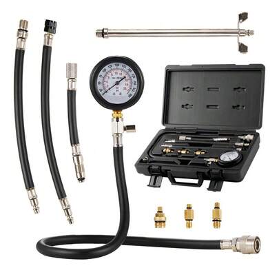 9-Piece Engine Cylinder Compression Tester Adapter Kit With Dual Scale Pressure Gauge 0-300 Psi, Long Reach Hoses & Convenient Storage Case For Accurate Leak Down Tests