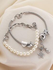 سوار جديد عصري مزدوج الطبقات للنساء، سلسلة عظم الثعبان باللؤلؤ مع قلادة نجمة وقمر وقلب ورسوم رباعية، إكسسوار فاخر مصنوع يدويًا - متعدد الألوان - مشاهدة 3