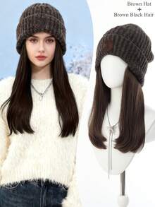 10/16英寸长水波纹合成假发，带针织帽，直发/卷发可选，配针织绒球帽，保暖冬季设计，柔软舒适