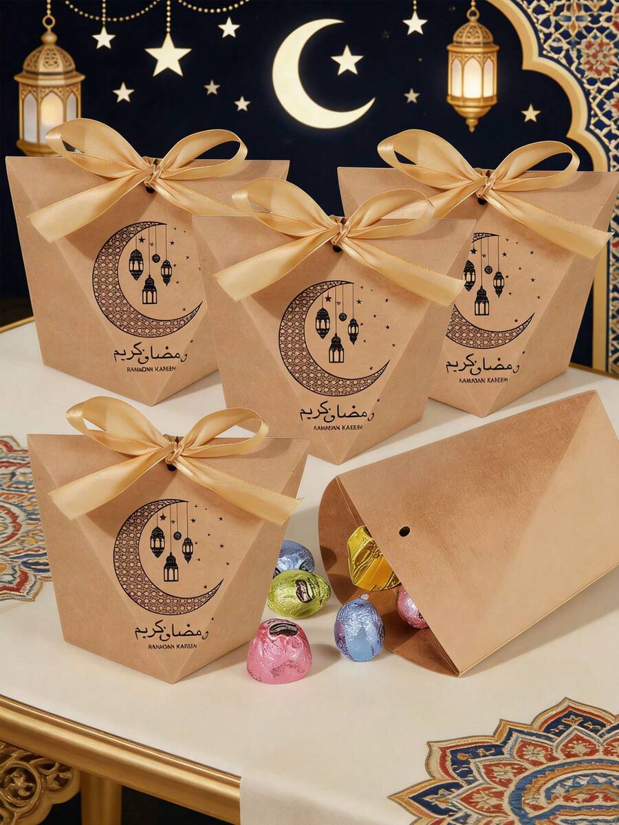 10 CÁI/1 CÁI/Túi quà Eid Mubarak, Túi quà Ramadan có ruy băng Túi đựng quà Eid Mubarak Túi quà Eid cho Ramadan Kareem Đồ dùng cho tiệc Eid Mubarak - Trăng Nâu A - Xem 1