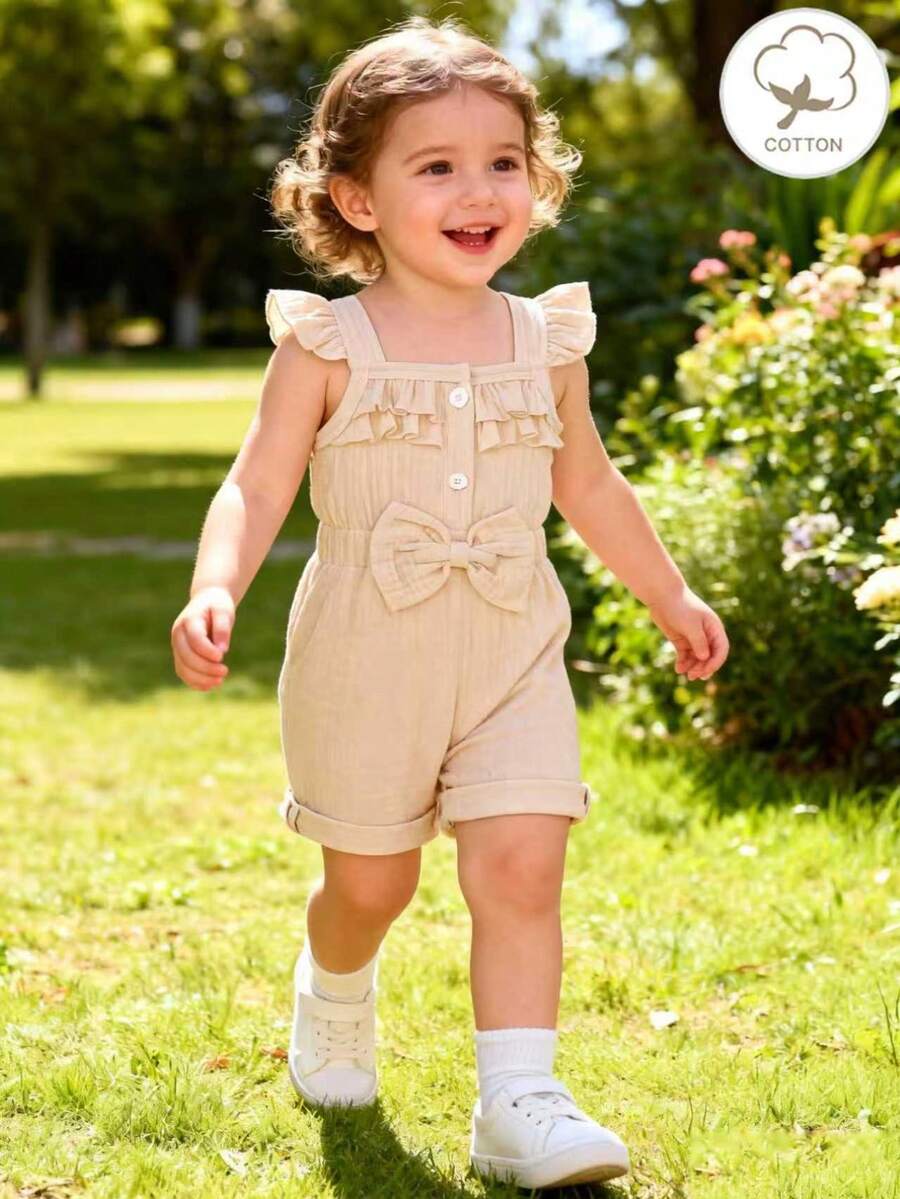Baby Girl Summer Fashion Cute Casual Pure Cotton Crepe Ruffle Strap Big Bow Romper - Apricot - View 1