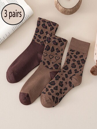 3 Pairs Women's Leopard Print Mid-Calf Socks, Classic Brown Series, Stylish Gift Socks, Women's Socks, Ramadan Socks, Wild Socks, Exciting Socks, Fashionable Socks, Fashionable Long Socks, Soft Fabric, Durable Material, Patterned Socks, Women's Socks, Women's Fashion, Follower, Suitable For Spring, Summer, Autumn And Winter
