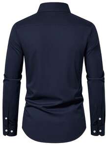 Men's Solid Color Button Design Business Formal Long Sleeve Shirt - Navy Blue - View 3