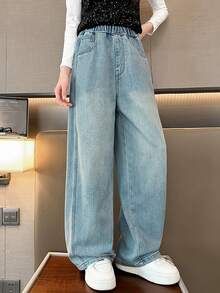 少女休闲水洗弹力腰阔腿牛仔裤 - 藍色 - 查看 4