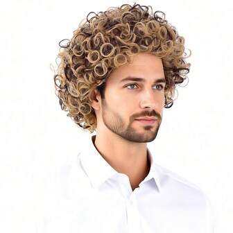 Peluca afro de cabello sintético corto y rizado natural y esponjoso para disfraces de los años 70, fiestas de Halloween y discoteca