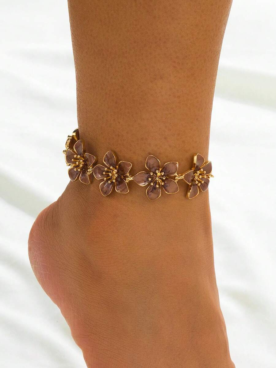 1件复古风多巴胺灵感五瓣花脚链，适合度假/旅行/约会/日常佩戴，优雅女士饰品 - 棕色 - 查看 1