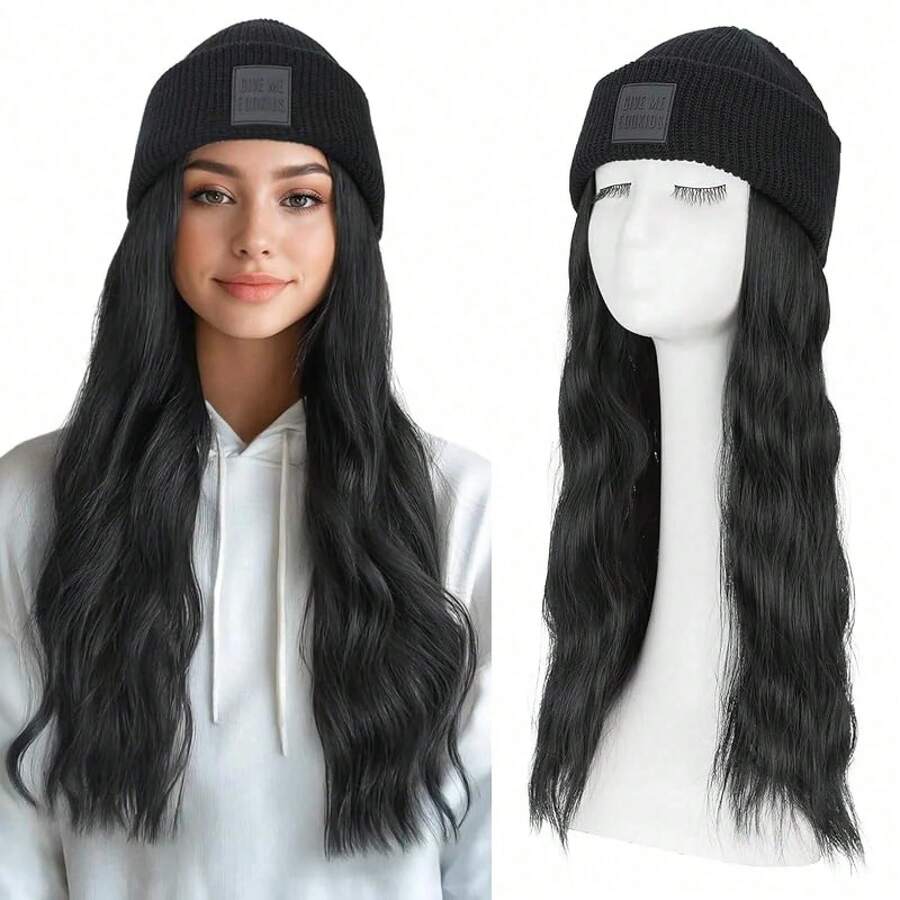 18 Inch/45 Cm Long Wave Wig With Synthetic Wig Soft Wig To Add Volume And Length Warm Twist Cold-Proof Curly Wig Beanie Hat With Hair Connection Women Knitted Beanie Wig Winter Warm Hat Hair Women Girls - Multicolor - View 1