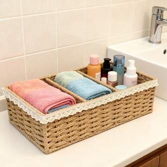 1 pieza Cesta de almacenamiento tejida, Caja de almacenamiento de mesa de té, Cesta de almacenamiento de aperitivos y cosméticos, Caja de almacenamiento de ratán