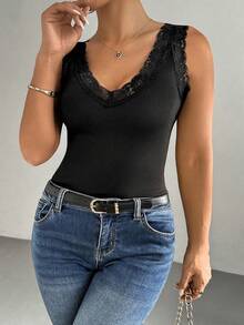 Plus Size, Warm Ribbed Casual Lace-Trimmed V-Neck Sleeveless Tank Top, Perfect For Autumn And Winter. - Black - View 7