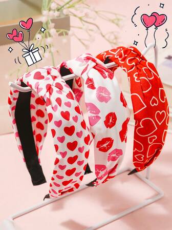 3pcs Women's Valentine's Day Hair Accessories, Heart & Lip Print, Knotted Headband, Romantic Valentine's Gift, Everyday Use, Hair Band, Hair Hoop