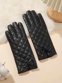 1 Pair Solid Color Casual Elegant Bow PU Leather Gloves, Warm And Fashionable Touch Screen Gloves For Women, Suitable For All Seasons, Autumn/Winter, Bow Decor, Riding Gloves, Thermal Lined, Cute Student Gloves, Black