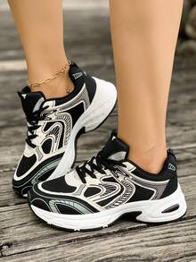 Women's Color - Block Chunky Sneakers, Mesh - Breathable, Retro Dad - Shoe Style, Comfortable For Running And Casual Sports .Soft Leather Thick-Soled Height-Enhancing Sneakers, Women's Breathable Mesh 2025 Spring, Summer And Autumn New Casual Running Shoes, Music Festival Millennial Style Back To School Must-Have - đen. - Xem 1