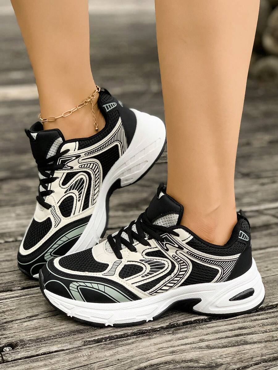 Women's Color - Block Chunky Sneakers, Mesh - Breathable, Retro Dad - Shoe Style, Comfortable For Running And Casual Sports .Soft Leather Thick-Soled Height-Enhancing Sneakers, Women's Breathable Mesh 2025 Spring, Summer And Autumn New Casual Running Shoes, Music Festival Millennial Style Back To School Must-Have - đen. - Xem 1