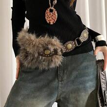 1pc Coffee Color  Adjustable Length Personalized Retro Chic Soft Fluffy Rabbit Fur Trim Durable PU Leather Niche Fashion Warm Waist Belt, Vintage Boho Coffee Brown Fur Decor Metal Studs Aesthetic Statement Waist Cincher Stylish Outfit Accent Y2K  Fashion Belt For Fall Autumn Halloween Thanksgiving Holiday Parties Daily Casual Wear Date Nights Bridal Events Winter Gatherings Cozy Streetwear Dress Up Outfits Versatile Waist Accessory  Wardrobe Staple Gift For Bride Bridesmaids Her - 咖啡 - 查看 1