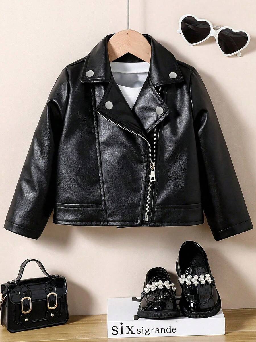 Tween Girl Solid Color Long Sleeve Zip Up Casual Motorcycle Leather Jacket, Spring & Fall
