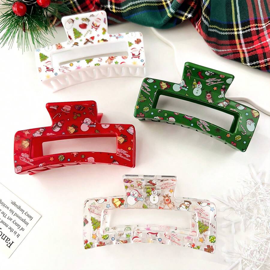4pcs Christmas Hair Clips, Patterned Hair Claws, New Reindeer & Snowman Print Funny Hair Clips, Hair Claw Hair Accessories With Random Print Patterns, Christmas Headwear, Christmas Costume Props - Multicolor - View 1