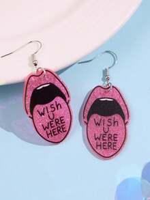 一对时尚创意可爱粉色嘴唇“WISH U WERE HERE”亮片亚克力女士耳环，适合日常通勤、度假、派对等场合佩戴。 - 彩色 - 查看 3