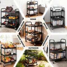 Sweetcrispy 3-Tier Folding Utility Cart, Collapsible Service Cart With 4 Swivel Wheels & Brakes, 120LBS Capacity & Collapsible Storage Rolling Cart For Kitchen, Office, Garden, Garage, Black - màu đen - Xem 7