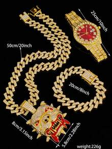 1 Set Bulldog Pendant Rhombus Cuban Chain Necklace & Bracelet, Men's Red Watch, Fashionable & Cool Men Accessories - Red - View 2