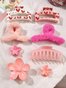 8 pièces/set Pinces à cheveux en plastique ABS en forme de cœur rose, motif minimaliste élégant en marbre, convient pour l'automne/l'hiver, accessoires capillaires quotidiens doux et simples. Pince à cheveux en peluche élégante, accessoire de mode pour la Saint-Valentin - Ensemble de 8 pièces - rose - Voir 3