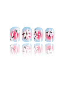 24 Pieces Of Short Square Acrylic Adhesive-Style Artificial Nails - Spring Fresh And Sweet Light Blue Base Color, Blushed Pink, White Flower Gentle Pattern Artificial Nails Set, Acrylic Nails, Short Nails, Suitable For Fashionable Nail Decorations For Women's Activities/Daily Use