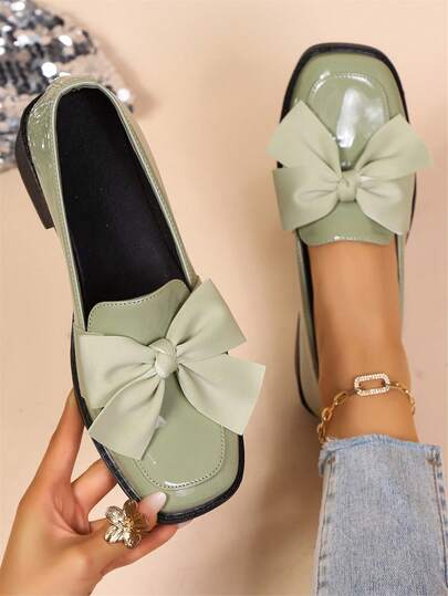 Women's Casual Square Toe Shoes With Bow Decor, Low Heel, Mirror Surface Material, Slip-On Loafers, Chunky Heel Oxfords, Work Shoes, Mary Jane Shoes, Clear High Heels, Women's High Heels, Women's Mules, Office Shoes, Brown Mid-Heel Shoes, Work Shoes, Collegiate Style Vintage Shoes, Minimalist Shoes, Women's Formal Shoes, Spring/Autumn Shoes, Women's Slip-On Shoes, Green Shoes, Elegant Shoes, Minimalist Shoes, Olive Green Shoes