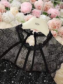 Rochie lungă de petrecere, fără mâneci, din dantelă, cu model patchwork, sexy, culoare solidă, cu crăpături înalte, elegantă, cu volane, cu sclipici, pentru femei, cadou de Ziua Îndrăgostiților - Negru - Vizualizare 7