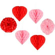 6 Pcs Valentine's Party Decoration Set 10 Inch (25cm)Red Heart Honeycomb Tissue Paper Pom Poms Pink Hanging Paper Flower Ball DIY Art Craft Blooms Flower Balls For Anniversaries Wedding Party Decor - Red + Pink - View 2