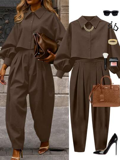 2pcs Plus Size Women's Set, Elegant Solid Color Drop Shoulder Long Sleeve Shirt And Wide Leg Pants Suit, Fashionable For Office And Party, Ideal Thanksgiving/Christmas Outfit