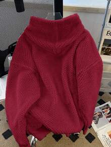 Cream-White Loose Drawstring Soft Warm Casual Women Jacket, Autumn/Winter - Red - View 2