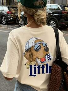 Women Summer New Stylish Striped Design Sunglasses Dog Graphic Print Casual Round Neck Short Sleeve T-Shirt, Fashionable & Versatile - Apricot - View 1