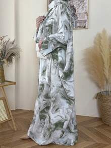 SuofeiMan 女士中东水墨画全身印花开衫，优雅休闲印花长款衬衫长袍，柔软舒适，不含头巾，适合春假穿着 - 綠色 - 查看 4