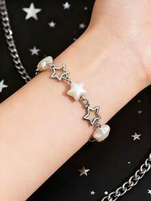 1pc Goth Style Hollow Faux Pearl Pentagram Minimalist Bracelet For Women - Silver - View 1